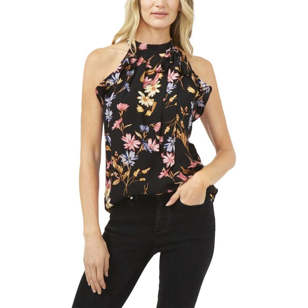 CeCe Black Floral Halter Cold-Shoulder Blouse